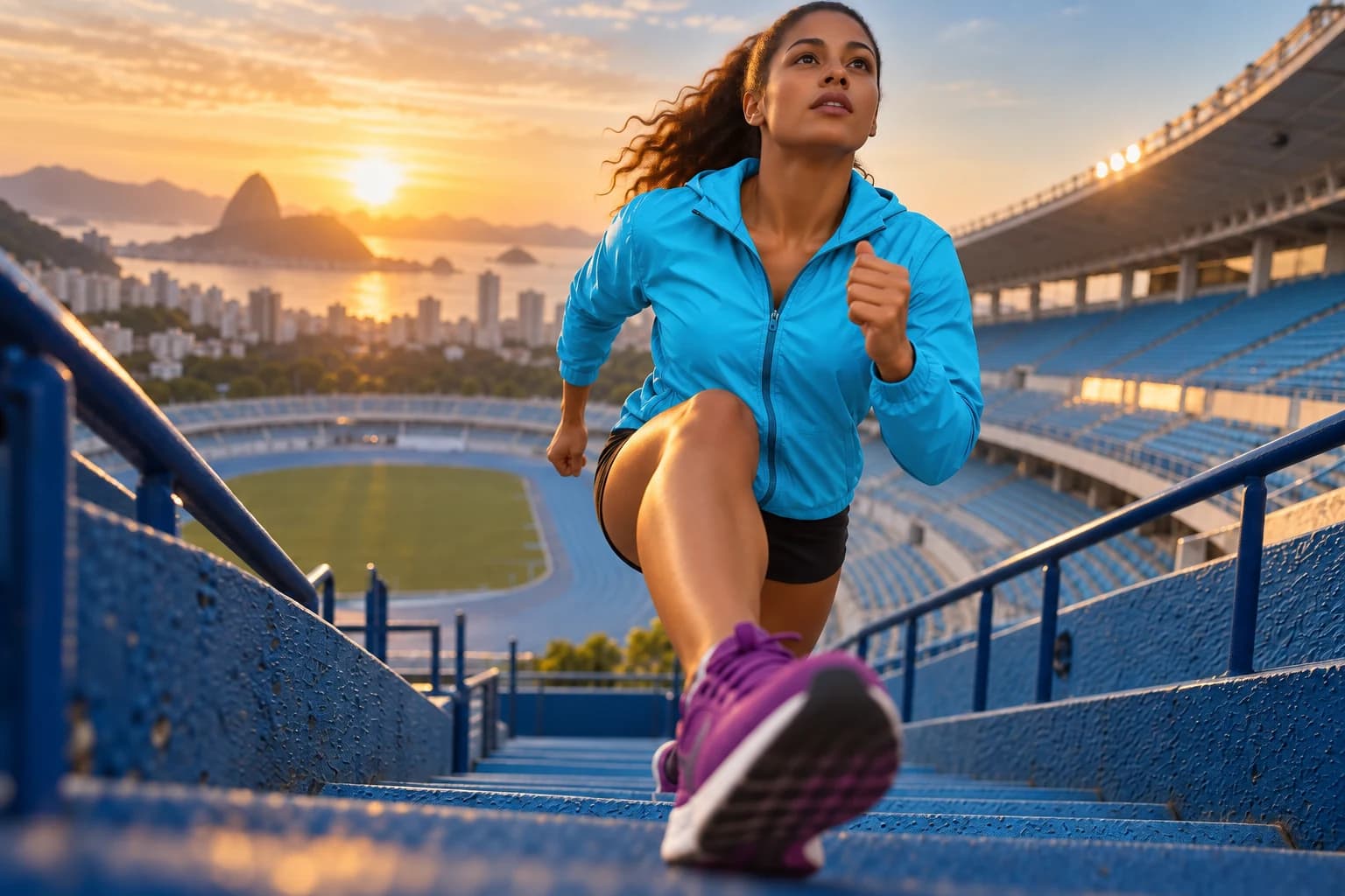 Atleta corre na escadaria de uma arquibancada azul, com tênis próximo à câmera.