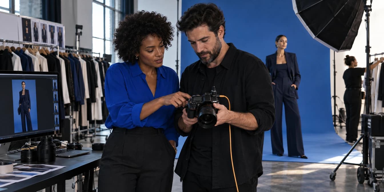Diretora de arte e fotógrafo preparando o catálogo em um estúdio de moda profissional.