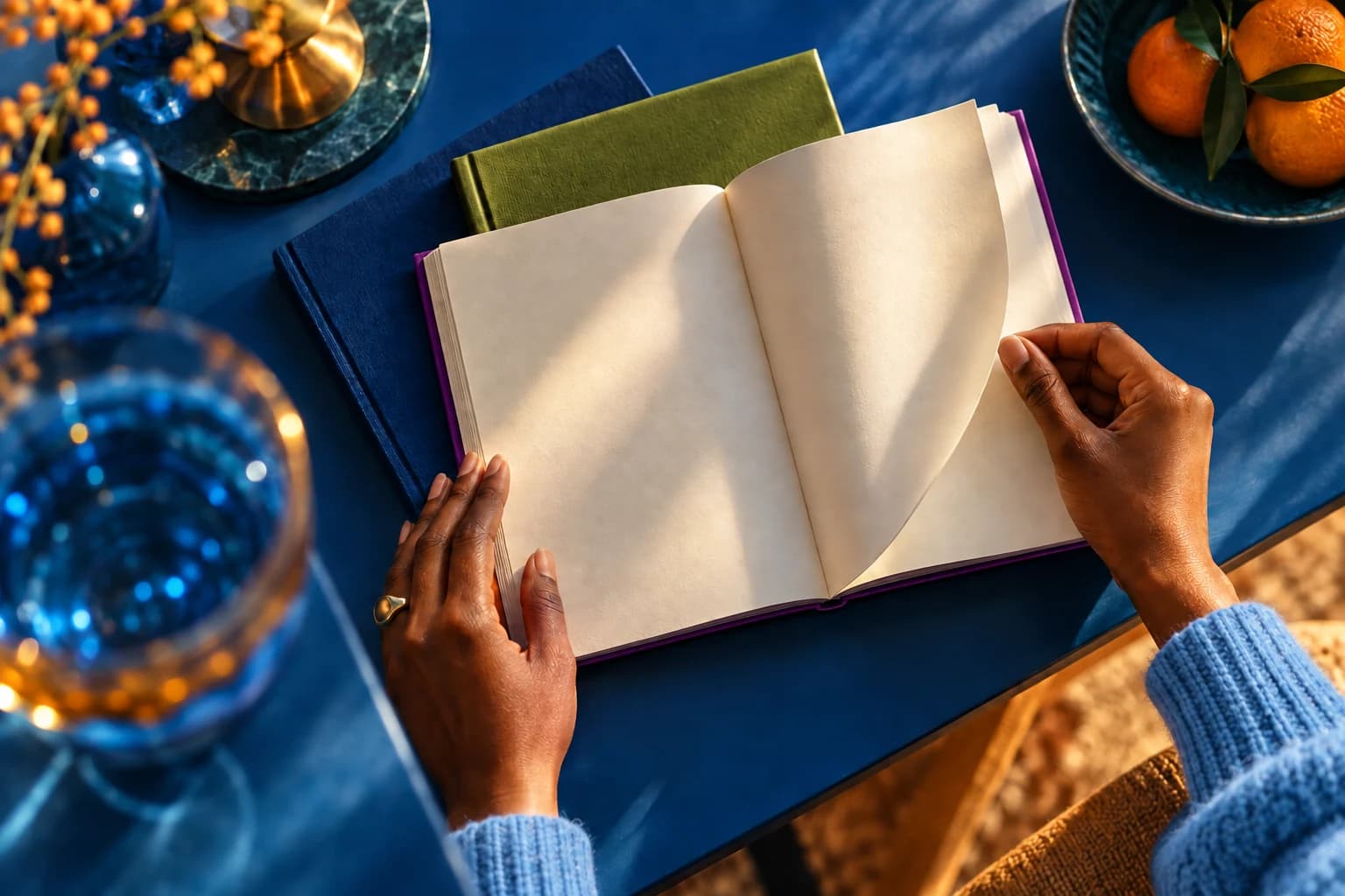 Mãos folheiam um livro aberto sobre uma mesa azul, entre capas coloridas, frutas e objetos de vidro.
