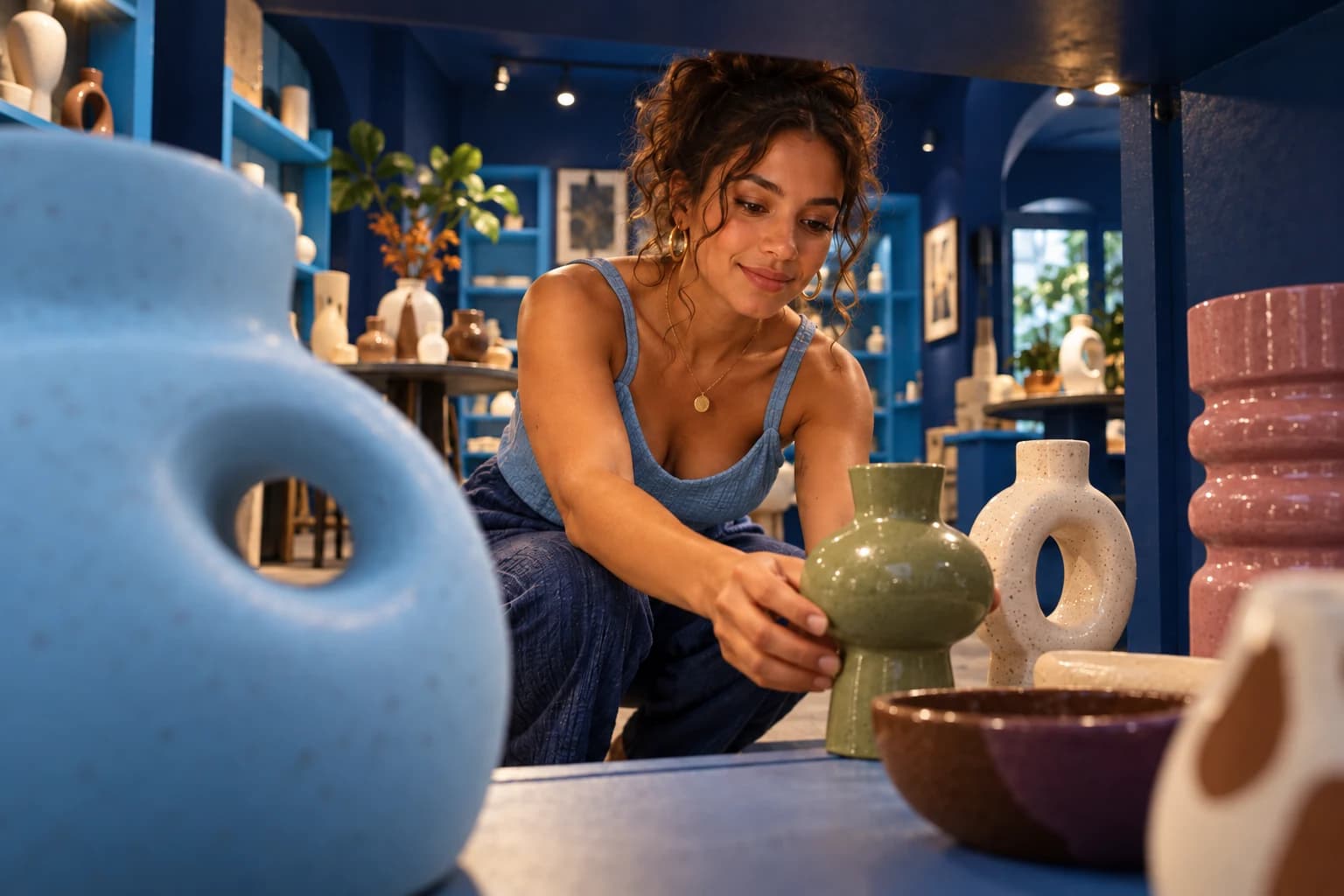 Lojista organiza cerâmicas coloridas em uma loja, entre vasos distribuídos em diferentes planos.