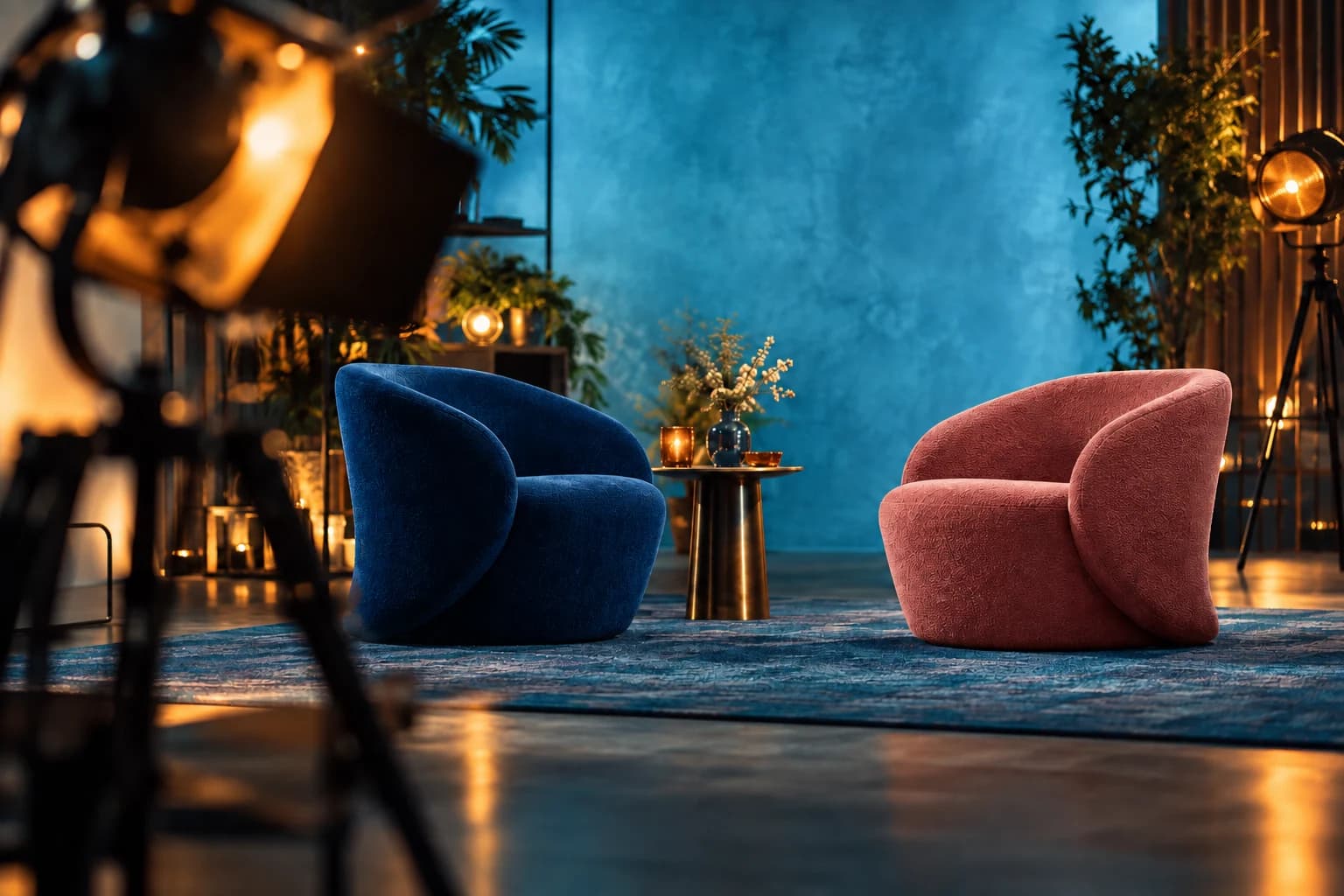 Poltronas azul-marinho e rosa em um estúdio iluminado e preparado para uma conversa.