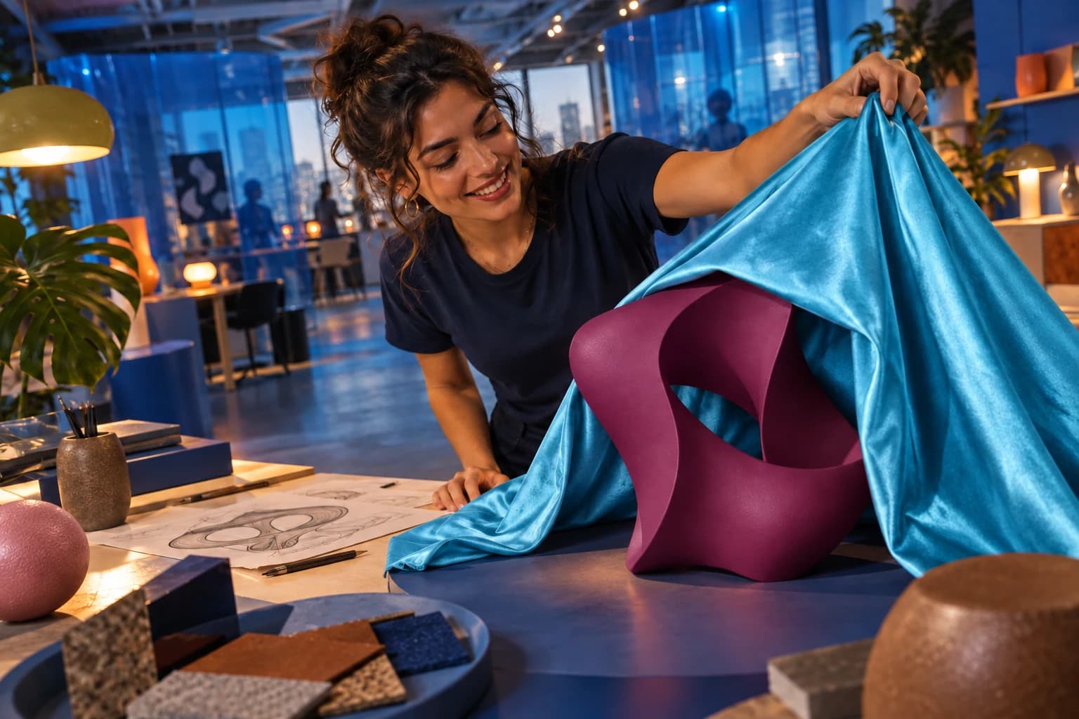 Profissional revela um objeto sob um tecido azul sobre uma mesa de criação.