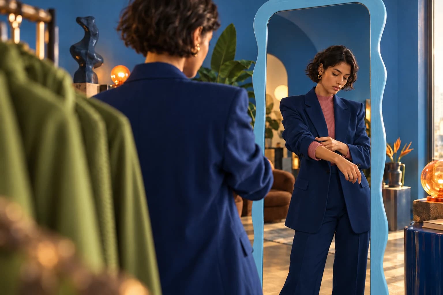 Mulher em conjunto azul observa o caimento da roupa no espelho de uma loja.