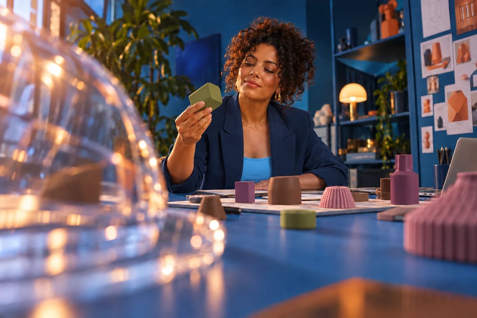 Designer examina peças geométricas sobre mesa azul, com objetos transparentes desfocados.