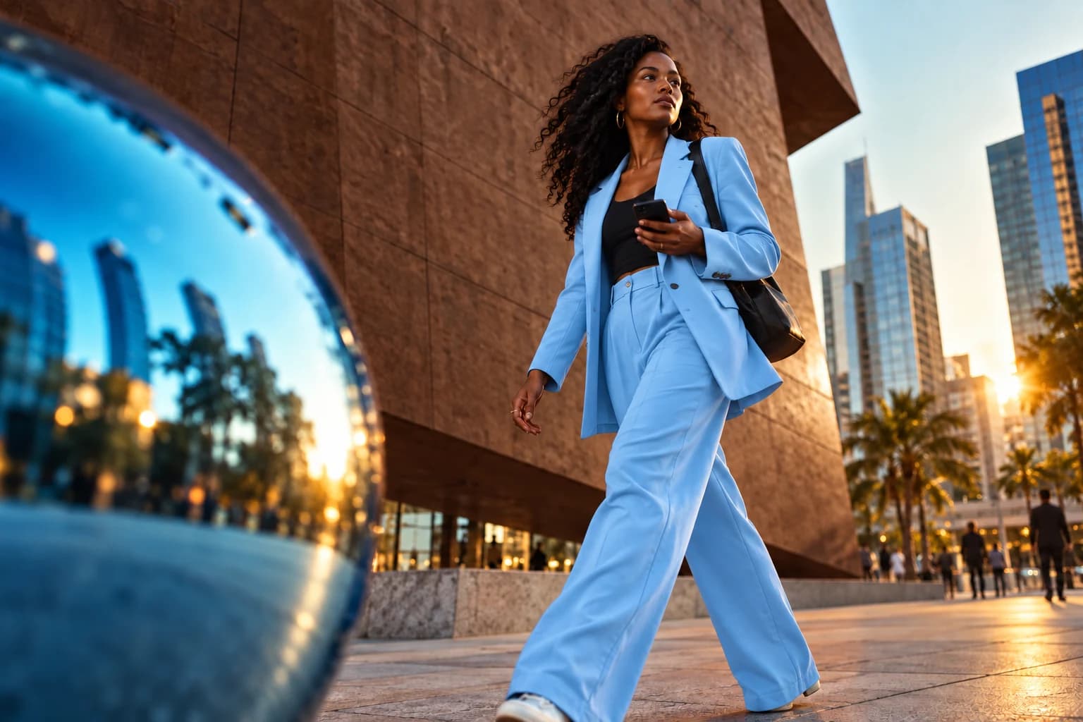Mulher em roupa azul caminha diante de arquitetura e um elemento refletivo.