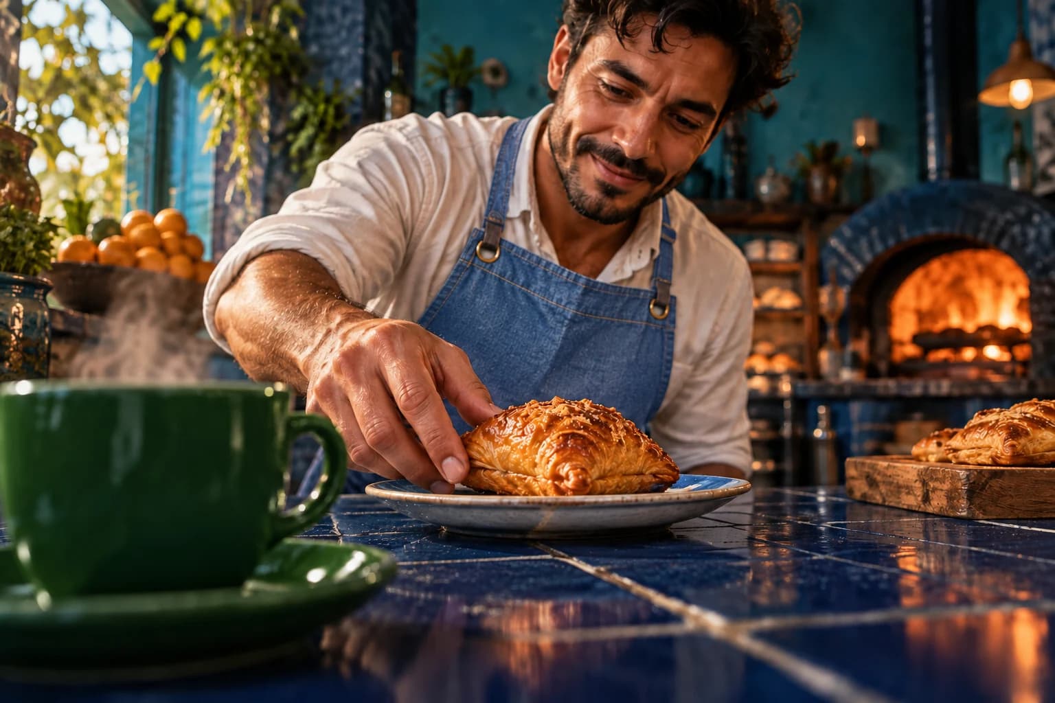 Profissional serve um croissant em uma mesa azul diante de um forno iluminado.
