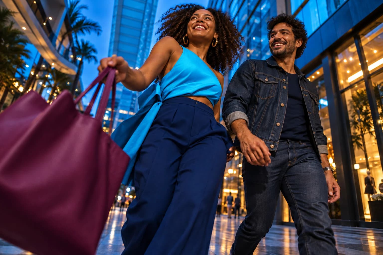 Casal em roupas em tons variados de azul caminha por uma galeria comercial, visto de baixo, com bolsa em primeiro plano.