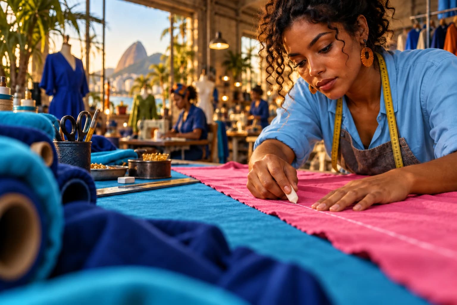 Estilista desenha um molde sobre tecido rosa em uma mesa cercada por materiais azuis.