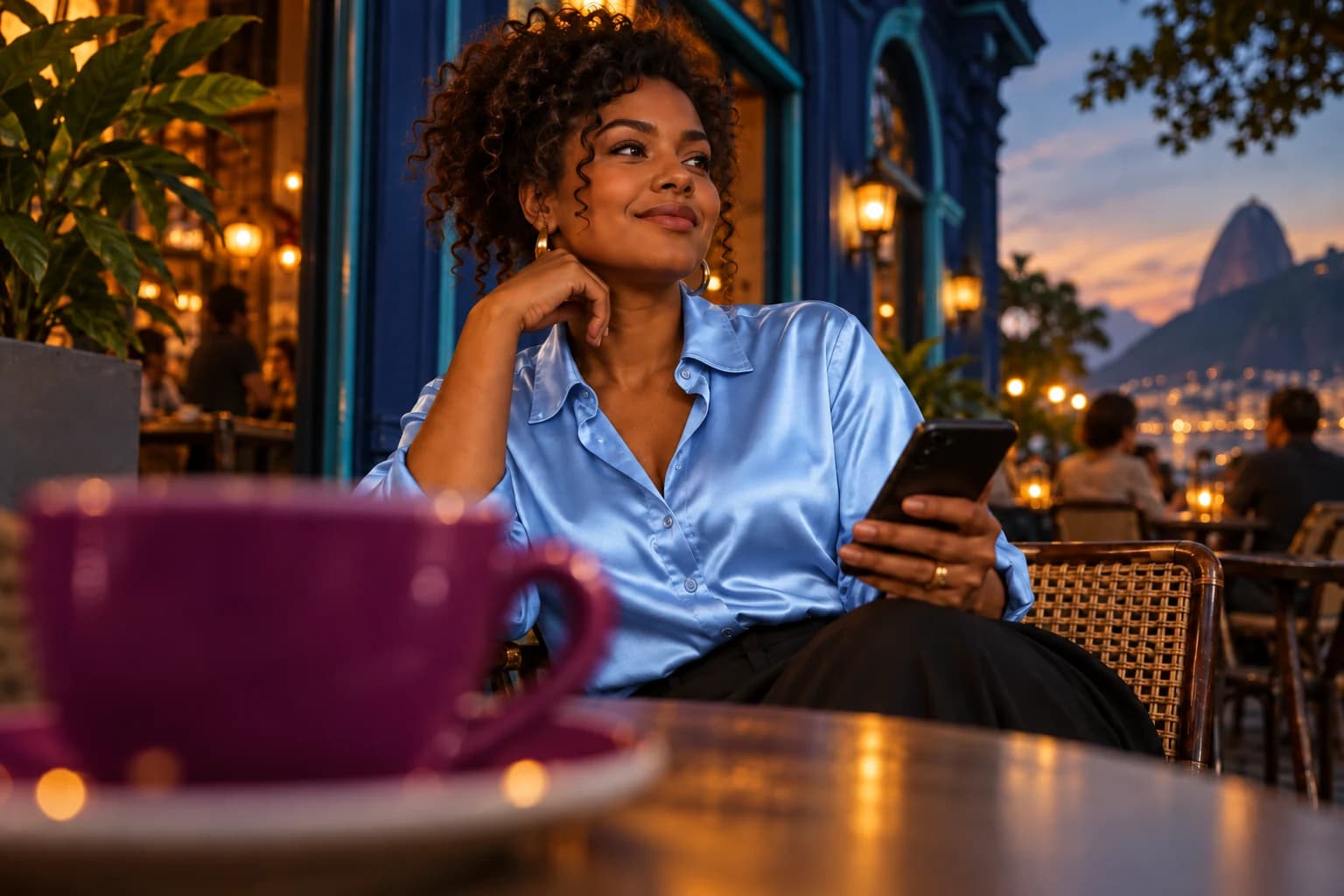Mulher usa o celular em um café ao entardecer, com xícara desfocada em primeiro plano.