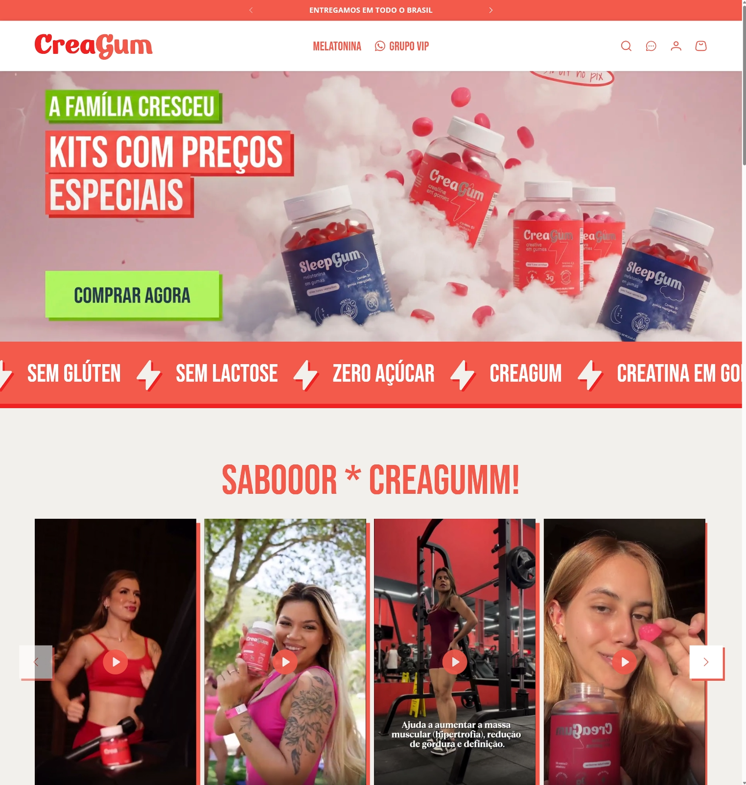 Layout de loja de suplementos com identidade rosa e vermelha