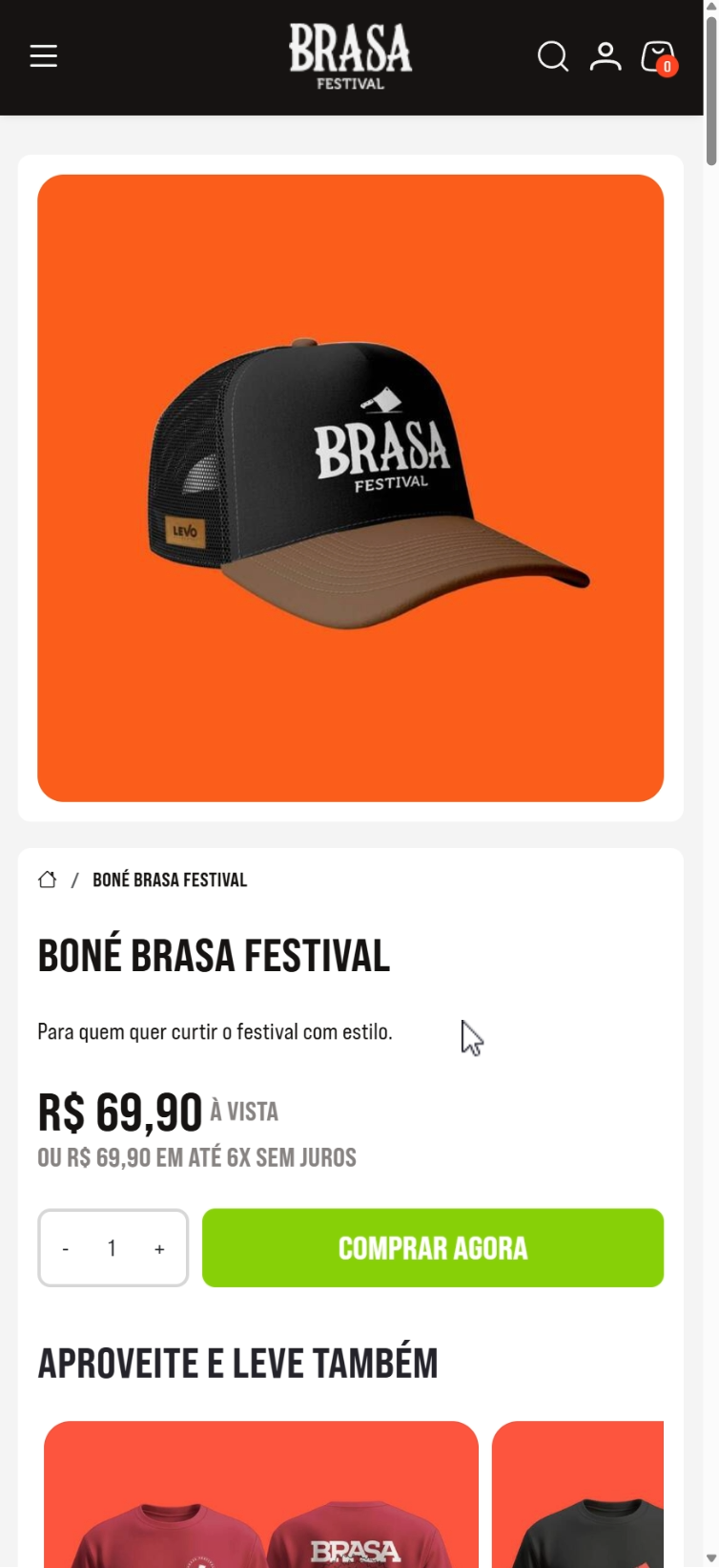 Página de produto de boné no celular